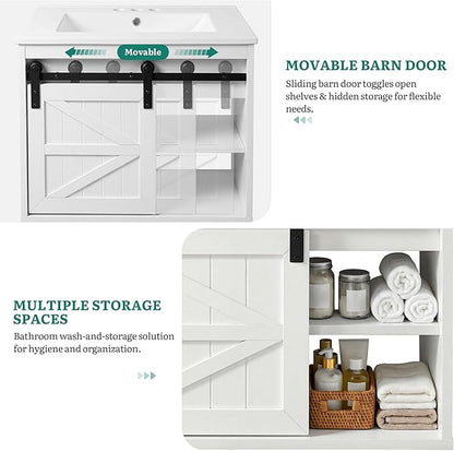 DWVO 24" LED Bathroom Vanity with Sink, Farmhouse Sliding Barn Door Bathroom Cabinet, Bathroom Vanities, Wall Mounted Floating Cabinet for Small Spaces