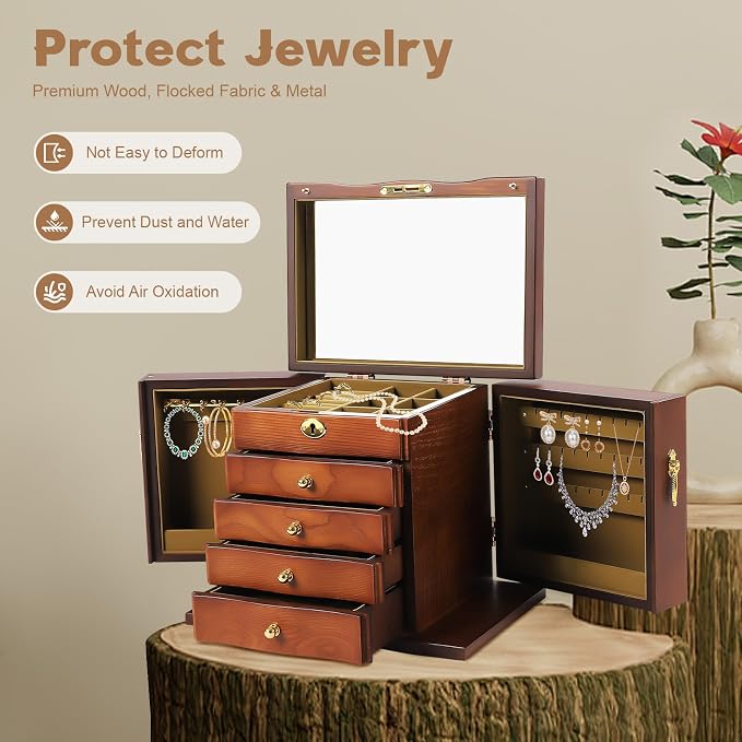 Wood Jewelry Box with 4 Drawers, Desktop Jewelry Organizer with Built-in Mirror & Combo Lock, Large Jewelry Storage Display Case for Necklace Ring Bracelet Watch, Brown