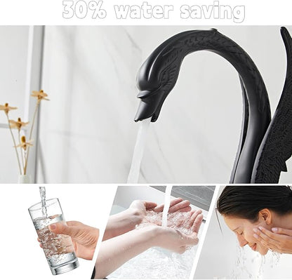 Golden Black Ornate Swan Style Bathroom Sink Faucet Combo Deck Mount Sink Mixer Tap Set Hot Cold Water
