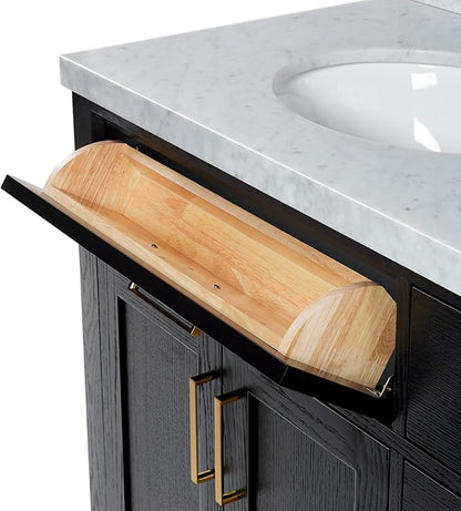 ARIEL Hepburn 66-inch Bathroom Vanity with Sink,Solid Wood, 1.5-inch Italian Carrara Marble Countertop & Backsplash, Double Oval Porcelain Sink, 4 Soft Closing Doors, 6 Dovetail Drawers, Black Oak