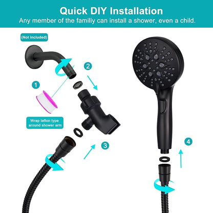 GwernKB Handheld Shower Head with ON OFF Switch & 79in Stainless Steel Hose | Built-in Power Spray,7-Setting High Pressure Spray with Bracket & Extra No Drilling Wall Shower Holder for Lower Mount,Black