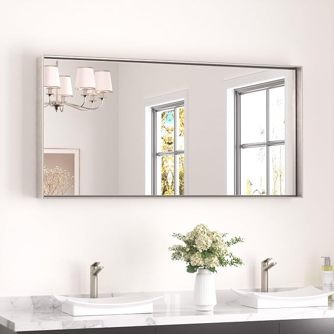 Keonjinn 48x24 Inch Nickel Bathroom Mirror for Over Sink, Rectangular | HD Tempered Glass, Vanity Mirror, Brushed Framed, Square Corner, Modern Farmhouse, Wall Mounted Mirrors, Aluminum Alloy