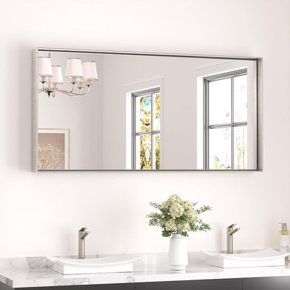 Keonjinn 48x24 Inch Nickel Bathroom Mirror for Over Sink, Rectangular | HD Tempered Glass, Vanity Mirror, Brushed Framed, Square Corner, Modern Farmhouse, Wall Mounted Mirrors, Aluminum Alloy