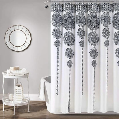Lush Decor Stripe Medallion Shower Curtain-Fabric Mandala Bohemian Damask Print Design, 72" x 72", Navy