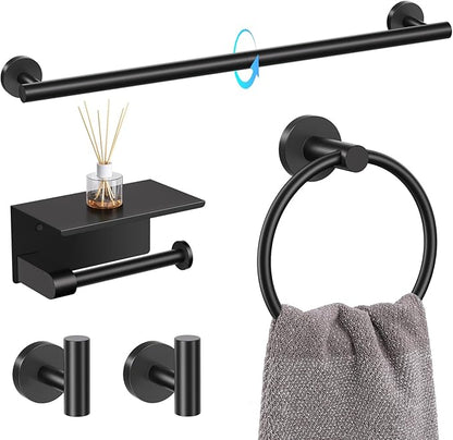 TQKAG Bathroom Hardware Set Black, 5 Piece Bathroom Towel Bar Holder Sets | SUS304 Stainless Steel, 23.6" Toilet Paper Holder with Shelf, Towel Racks for Bathroom Wall Mounted, Matt Black Towel Bars