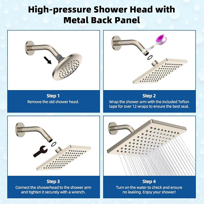 Hibbent cUPC Certified Thickness Metal 6'' Rain Shower Head, Brushed Nickel | High Pressure Shower Head, Bathroom Waterfall Shower Heads, High Flow Fixed Showerheads with Adjustable Brass Ball Joint