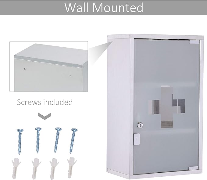 HOMCOM Wall Mounted Medicine Cabinet, Locking Wall Cabinet with 3 Tier Shelves, Stainless Steel Frame and Glass Door, Lockable with 2 Keys, Silver, 12" x 20"