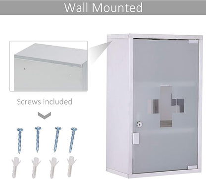 HOMCOM Wall Mounted Medicine Cabinet, Locking Wall Cabinet with 3 Tier Shelves, Stainless Steel Frame and Glass Door, Lockable with 2 Keys, Silver, 12" x 20"
