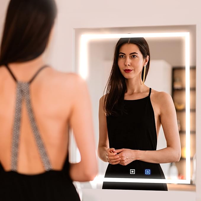 18x40 Inch Rectangular LED Bathroom Mirror with Lights Front and Backlit, 3 Color Modes, Touch Dimmer, Anti-Fog - Wall Mounted Vanity Mirror for Bathroom, Bedroom - Fab Glass and Mirror