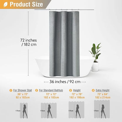 BTTN Stall Grey Fabric Shower Curtain, 230GSM Linen Textured Heavy Duty Cloth Shower Curtain Set with Hooks, Waterproof Neutral Weighted Luxury Decorative Shower Curtains for Bathroom(Gray, W36xH72)
