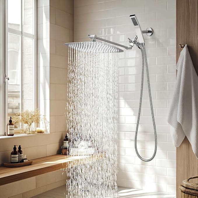 G-Promise All Metal 14" Rain Shower Head with Handheld for Bathroom Upgrade | All Metal, Built to Last, Easy Install, Adjustable Height & Angle for All Heights, Extra Long Hose, Modern Upgrade