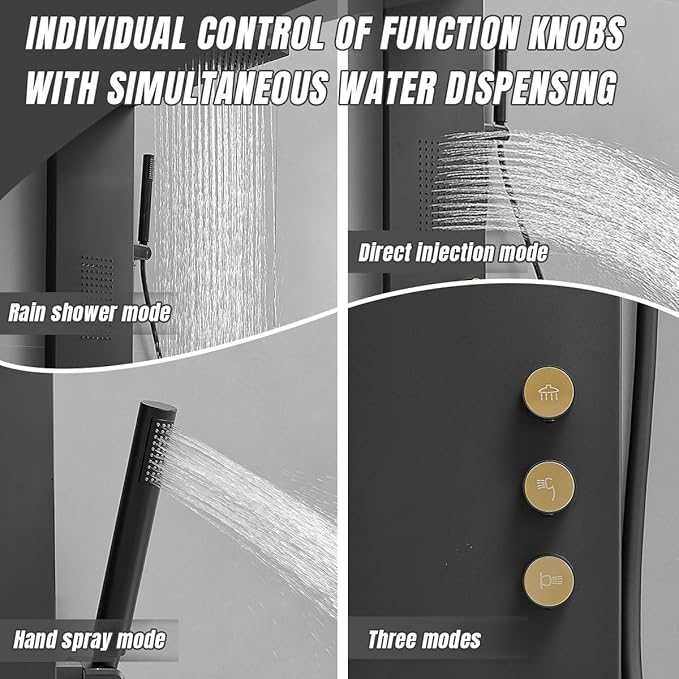 Shower Panel Tower System Stainless Steel Rainfall Shower Massage Body Jets and Handheld Shower System 3-Functions Wall Mount, Black