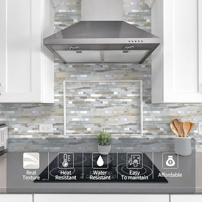 Yipscazo 10 Sheets Peel and Stick Wood Metal Tile Backsplash, Stick on Tiles for Backsplash Kitchen, Bathroom, Laundry Room, Camper, Fireplace (12'' X 12'', White Wood with Metal)