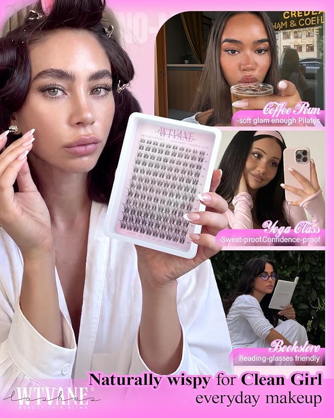 Wispy Lash Clusters Kit Venus Invisible Band Eyelash Clusters 8-16mm Lash Extension Kit Natural Lashes Clusters Eyelash Extension Kit with Thin Band Lash Cluster Clear Lash Glue and Tweezers by Wtvane