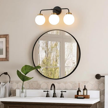 Modern Black and Gold Vanity Lights for Bathroom, Mid Century 3 Light Bathroom Vanity Light with Globe Milky White Glass Shade Over Mirror, Black and Gold Wall Sconce for Bathroom Hallway Living Room