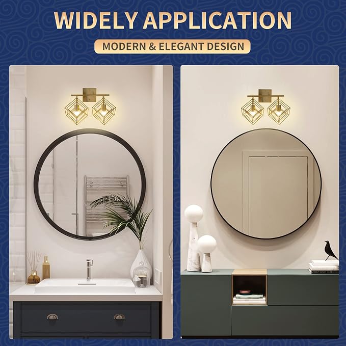 Bathroom Vanity Light with 2 Bulbs Bathroom Light Fixtures Over Mirror with Rotatable 2 Cube Shades Modern Wall Mounted Brushed Brass
