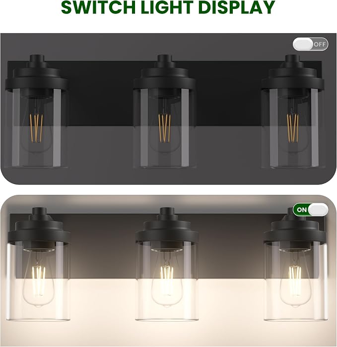 Bathroom Vanity Light, 3-Light Modern Black Vanity Light Fixtures with Clear Glass Shade, 22in Matte Black Bathroom Light Fixtures Over Mirror, Rustic Restroom Lighting Fixtures