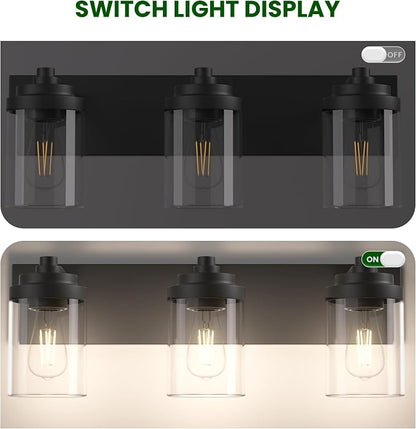 Bathroom Vanity Light, 3-Light Modern Black Vanity Light Fixtures with Clear Glass Shade, 22in Matte Black Bathroom Light Fixtures Over Mirror, Rustic Restroom Lighting Fixtures