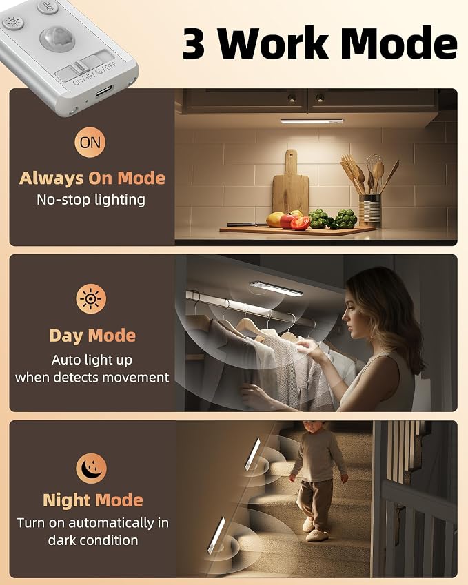EZVALO 8" Under Cabinet Lighting, 2400mAh Rechargeable Motion Sensor Light Indoor, Mini & Slim Design, 3 Color Temps, Dimmable Magnetic Wireless Closet Lights for Kitchen, Pantry, Stairs (2 Pack)