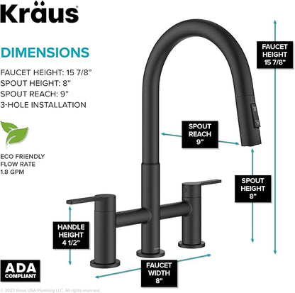 KRAUS Oletto Bridge Kitchen Faucet with Pull-Down Sprayhead in Matte Black, KPF-3122MB