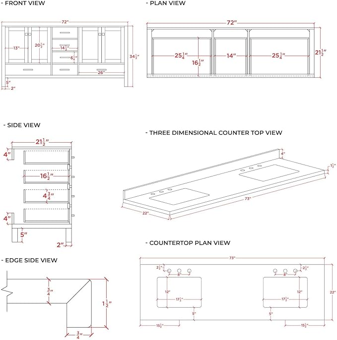 ARIEL Taylor 72-inch Bathroom Vanity with Sink,Solid Wood, 1.5-inch Pure White Quartz Countertop, Double Rectangular Porcelain Sink, 4 Soft Closing Doors, 6 Dovetail Drawers, Midnight Blue
