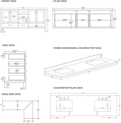 ARIEL Taylor 72-inch Bathroom Vanity with Sink,Solid Wood, 1.5-inch Pure White Quartz Countertop, Double Rectangular Porcelain Sink, 4 Soft Closing Doors, 6 Dovetail Drawers, Midnight Blue