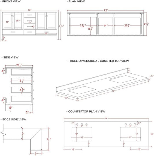 ARIEL Taylor 72-inch Bathroom Vanity with Sink,Solid Wood, 1.5-inch Pure White Quartz Countertop, Double Rectangular Porcelain Sink, 4 Soft Closing Doors, 6 Dovetail Drawers, Midnight Blue