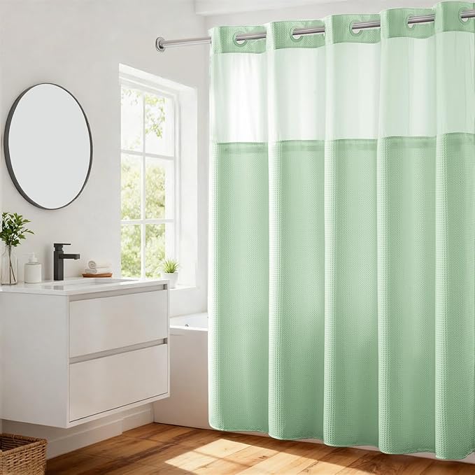 River Dream Waffle No Hook Shower Curtain with Liner,Green Light,71x74 | Dotted Waffle,Snap-in Liner,Heavy Duty,Quick Dry,Mesh Top Window,With Bottom Magnets,Hotel-Grade,Washable,Standard Size