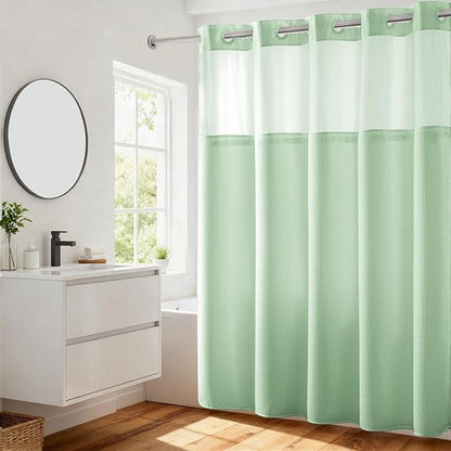 River Dream Waffle No Hook Shower Curtain with Liner,Green Light,71x74 | Dotted Waffle,Snap-in Liner,Heavy Duty,Quick Dry,Mesh Top Window,With Bottom Magnets,Hotel-Grade,Washable,Standard Size