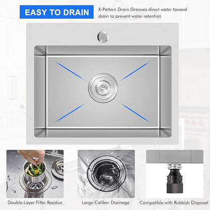 23" Drop-In Single Bowl Kitchen Sink 18 Gauge 304 Stainless Steel | 23"x18" Drop in Sink | 18 ga 304 SS Handmade | 1-hole | 9" deep | Single bowl | Brushed | Topmount