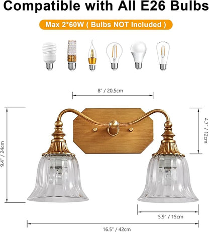 Bathroom Vanity Gold Light Fixture, 2 Lights Bathroom Lighting Matte Antique Brass Finish with Crystal Glass Shade, Gold Vintage Vanity Light for Bathrooms