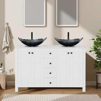 48 inch White Bathroom Vanity with Marble Texture Top and 4 Drawers, Modern Standing Pedestal Cabinet with Two Leaf Silver Glass Vessel Sinks