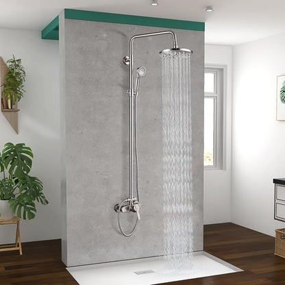 Heyalan Exposed Shower System, 8 Inch Rain Head, Handheld,Brushed Nickel | Exposed shower system with 8 inch rain head, handheld sprayer, single handle control, and complete wall-mounted setup.