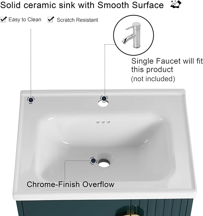 Malwee 24" Floating Bathroom Vanity with Sink, 24 Inch Single Sink Wall Mounted Bathroom Vanity, with 2 Doors and White Ceramic Basin Top, Green Cabinet Set with 3 Color Handles (081-24)