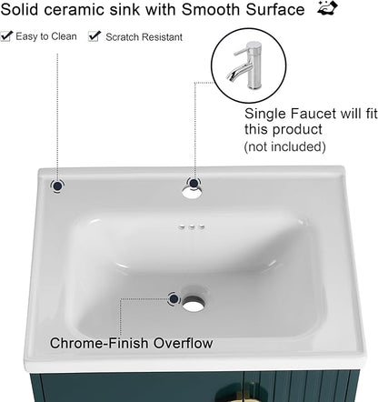 Malwee 24" Floating Bathroom Vanity with Sink, 24 Inch Single Sink Wall Mounted Bathroom Vanity, with 2 Doors and White Ceramic Basin Top, Green Cabinet Set with 3 Color Handles (081-24)