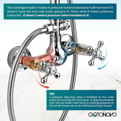 gotonovo Exposed Bathroom Shower Faucet Set Shower Fixture 8 Inch Rainfall Shower Head Handheld Shower Cross Handle Wall Mount 2 Functions Polished Chrome