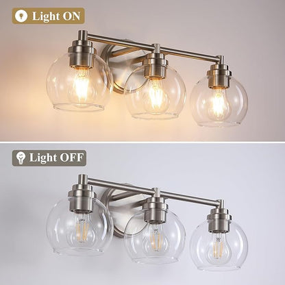 Upgrade 3-Light Bathroom Light Fixtures, Modern Vanity Light with Globe Glass Shade, Brushed Nickel Bathroom Lights Over Mirror, Vanity Lights for Bathroom Bedroom Hallway Living Room