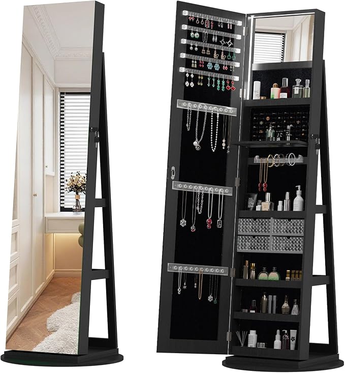 Jewelry Armoire with Full Length Mirror - 360° Swivel Standing Floor Mirror Jewelry Cabinet, Lockable Storage Organizer, 3 Shelves & Drawers,Tall Mirror with Storage for Women (Black)