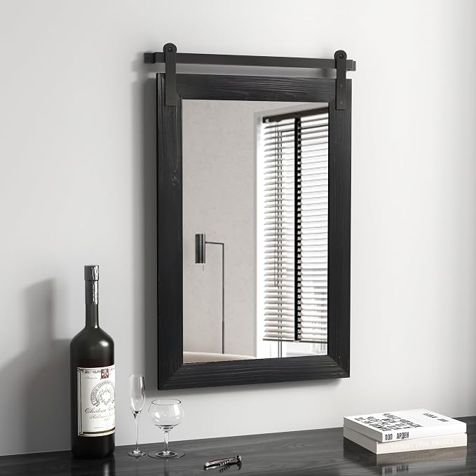 COGOOD Farmhouse Barn Door Mirror - 26 x 17 Black | Rustic Wood Framed Vanity Mirror for Entryway, Living Room, Bedroom, Bathroom Wall Decor
