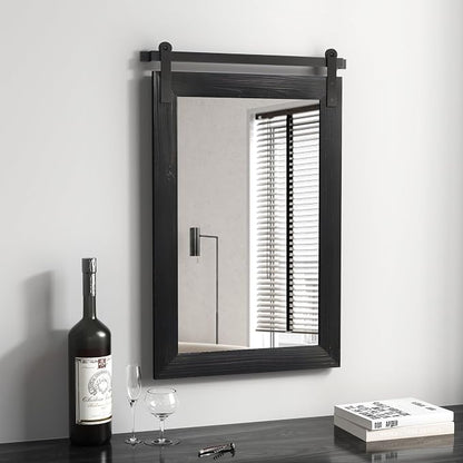 COGOOD Farmhouse Barn Door Mirror - 26 x 17 Black | Rustic Wood Framed Vanity Mirror for Entryway, Living Room, Bedroom, Bathroom Wall Decor