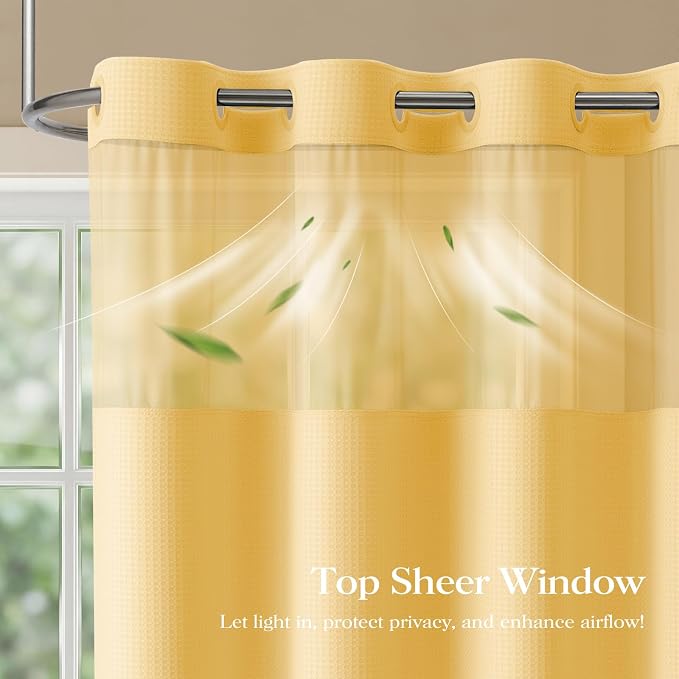Gold Hook Free Waffle Shower Curtain & Snap-in Fabric Liner,72x75 | Less Time to install, 3 in 1 Fabric Shower Curtain and Liner Set with Magnets, Mesh Top Window, Shower Curtains for Bathroom