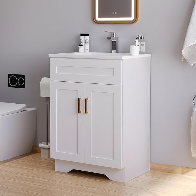 Bathroom 24" Vanity with Ceramic Sink, Wooden Double Door Bathroom Storage Cabinet, Freestanding Cabinet Vanity with Sink (Paint, White,24")