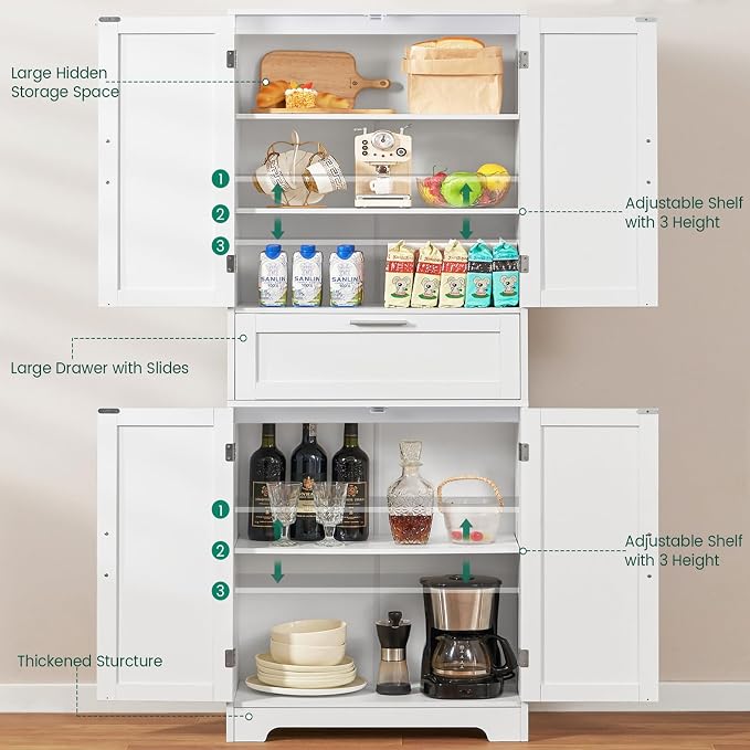 Iwell 67" Tall Storage Cabinet with Adjustable Shelf & 1 Large Drawer, Pantry Cabinet with 4 Doors, Kitchen Cabinets for Dining Room, Living Room, Home Office, White | Adjustable Shelf