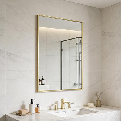 Bathroom Mirror for Wall, 36x24 Inch Framed Vanity Mirror Brushed Gold | Rectanglar Metal Beveld Framed Mirror for Over Sink, Tempered Glass, Anti-Rust, Hangs Horizontally or Vertically