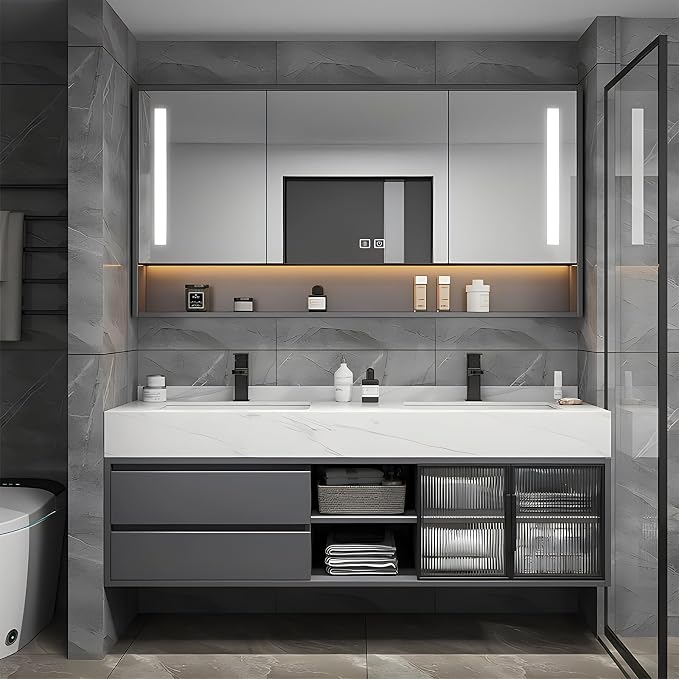 76" Double Sink Floating Bathroom Vanity,Bathroom Vanity with Sink Set Includes Open LED Smart Defog Mirror Cabinet, Modern Bath Vanity with Drawers,Wall-Mounted Bathroom Vanities,Dark Grey