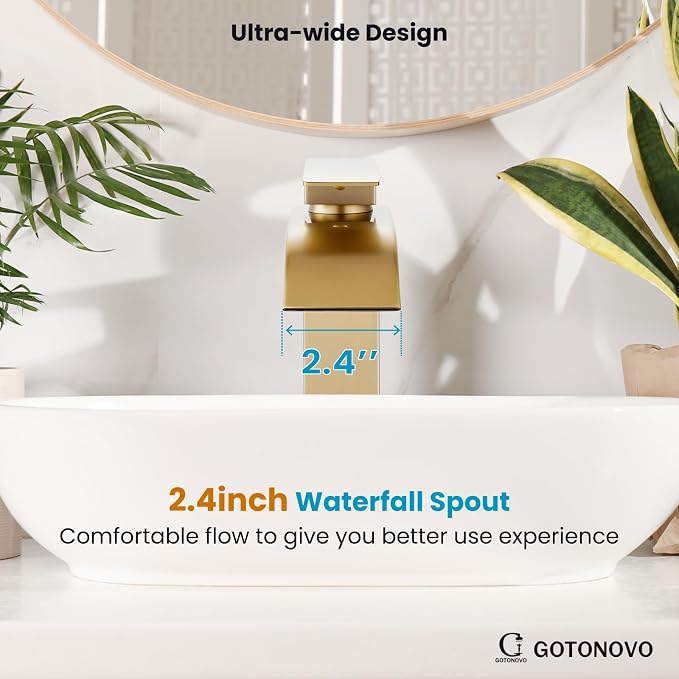 gotonovo Waterfall Tall Bathroom Faucet 1 Hole No Drain, Brushed Gold | Modern Vessel Sink Faucet Single Handle 304 Stainless Steel,24” cUPC Supply Hoses,for Bowl Basin Lavatory Vanity Restroom RV