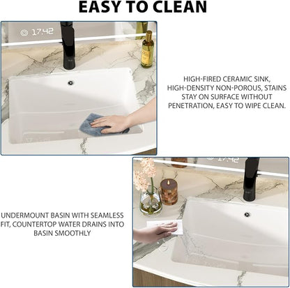 White Undermount Bathroom Sink 20.1"x14.6"Ceramic Basin | Modern Porcelain Under Counter Bathroom Vanity Sink, Interior Bowl 17.9"x 12.4", Rectangular Undermount Basin with Overflow