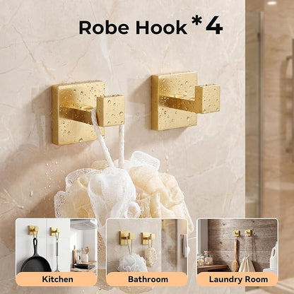 10-Piece Brushed Gold Bathroom Hardware Set SUS304 Stainless Steel, 2×23.6" Towel Bars, 2 Towel Rings, 2 Toilet Paper Holders & 4 Towel Hooks Wall Mounted Bathroom Accessories Set