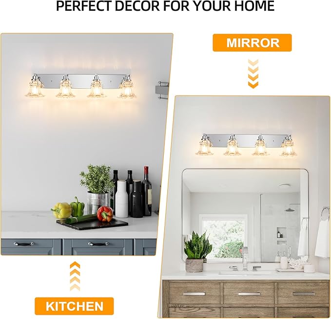 Vintage 4-Light Bathroom Vanity Light, Chrome Bathroom Light Fixtures with Floral Clear Glass Shades, Antique Wall Sconce Fixtures for Dressing Table, Bedroom