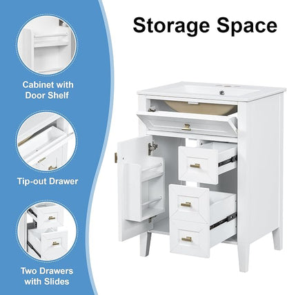 Merax 24 Inch Bathroom Vanities with Undermount Ceramic Sink, Tip-Over Drawer and Side Drawers, Soft Closing Door with Shelf, Solid Wood Frame, White